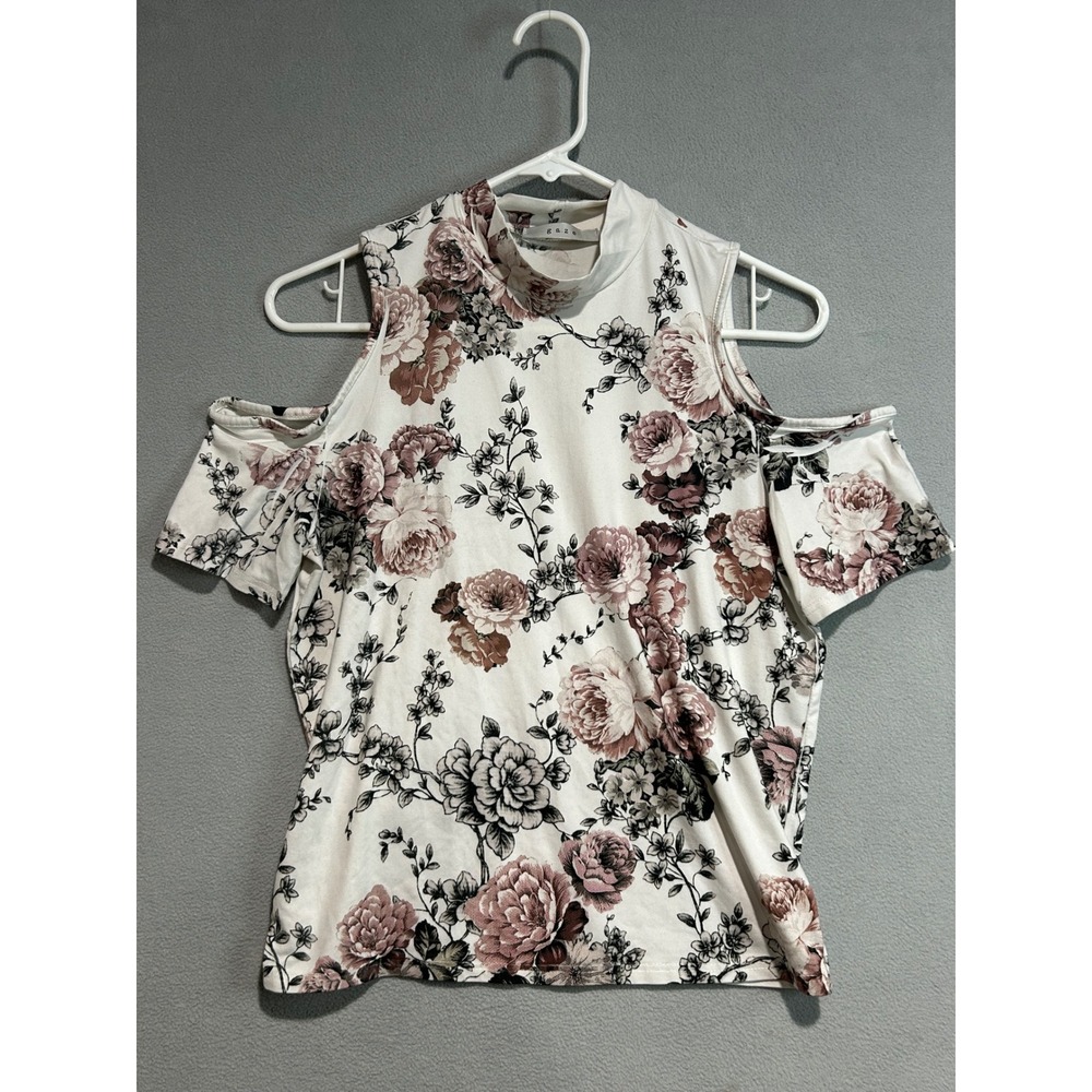 Cold Shoulder Floral Mock Neck Top Womens Large White Pink Rose cottage core
